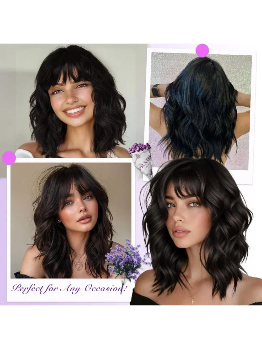 Women's Black 14 Inch Natural Synthetic Short Curly Wavy Fiber Wigs
